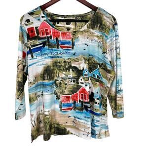 Allison Daley Petites PL Large Nantucket East Coast 3/4 Blouse Shirt Top Travel